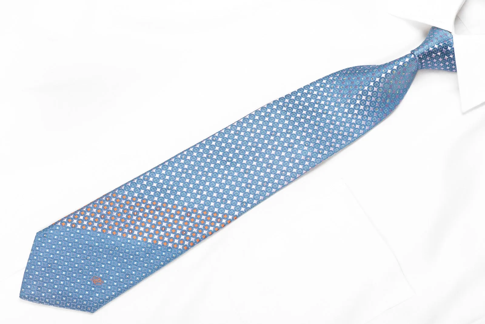 Renoma Men's Crystal Silk Necktie Mauve Geometric On Blue With Silver Sparkles