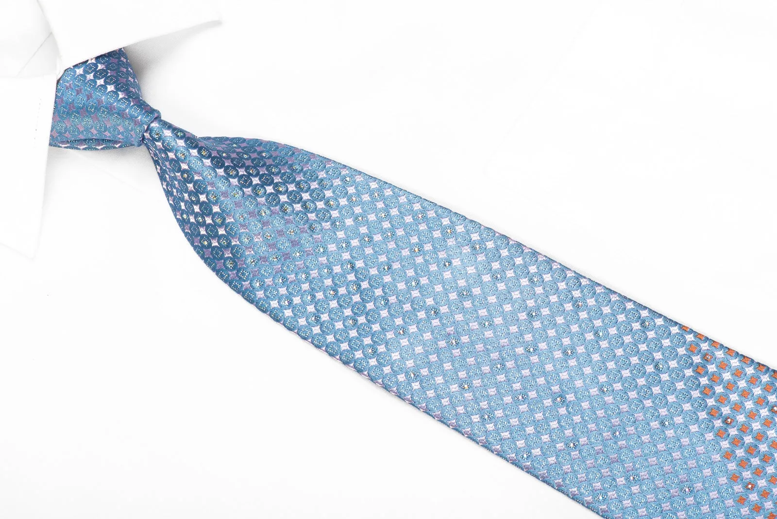 Renoma Men's Crystal Silk Necktie Mauve Geometric On Blue With Silver Sparkles