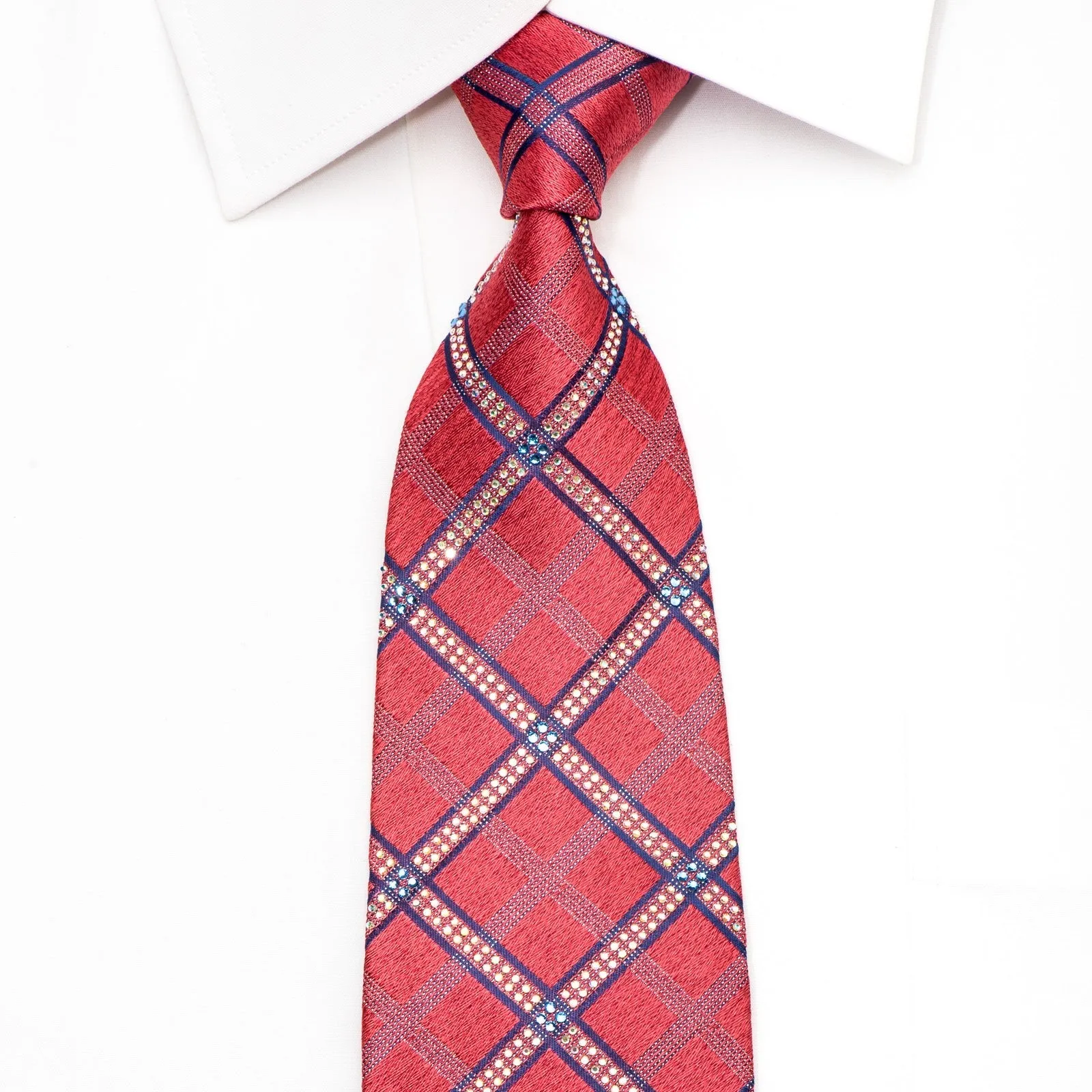 Renoma Men's Rhinestone Silk Tie Checker On Pink With Silver Sparkles