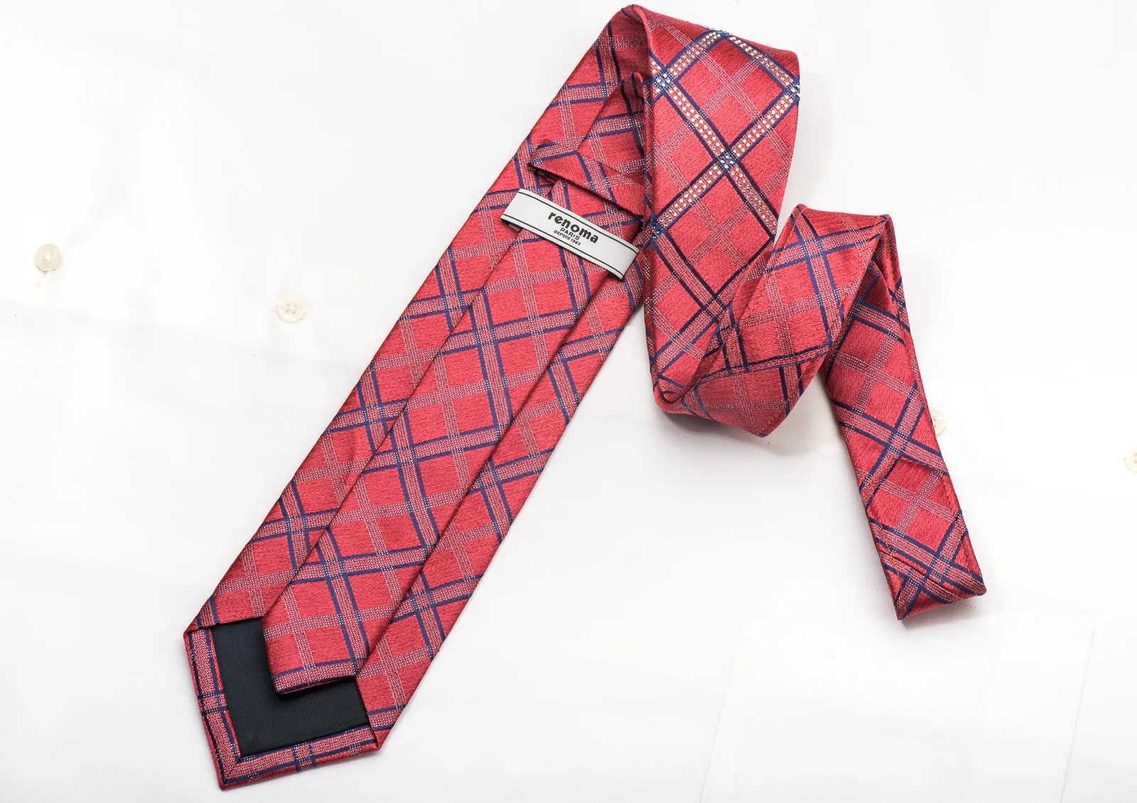 Renoma Men's Rhinestone Silk Tie Checker On Pink With Silver Sparkles