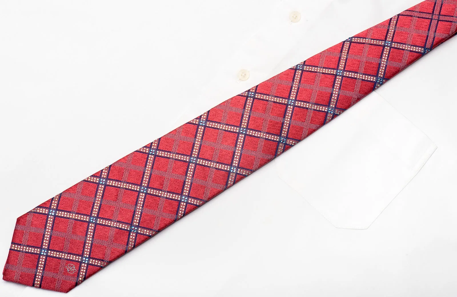 Renoma Men's Rhinestone Silk Tie Checker On Pink With Silver Sparkles
