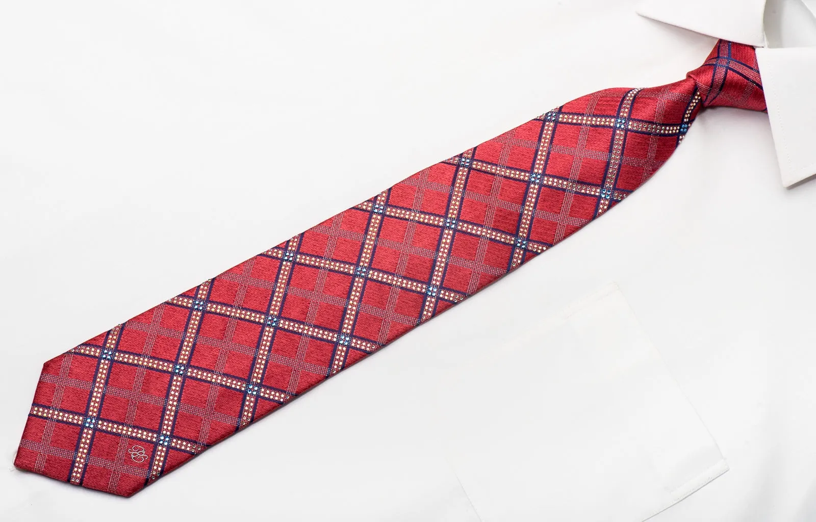 Renoma Men's Rhinestone Silk Tie Checker On Pink With Silver Sparkles