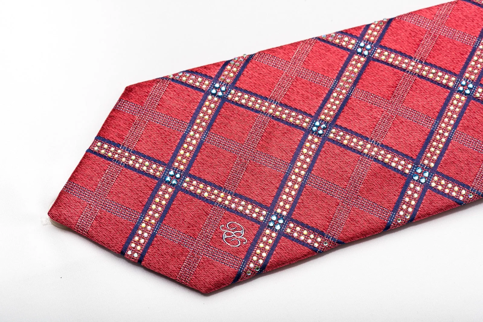 Renoma Men's Rhinestone Silk Tie Checker On Pink With Silver Sparkles