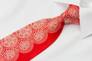 Renoma Men's Silk Neck Tie White Medallions On Red With Silver Sparkles