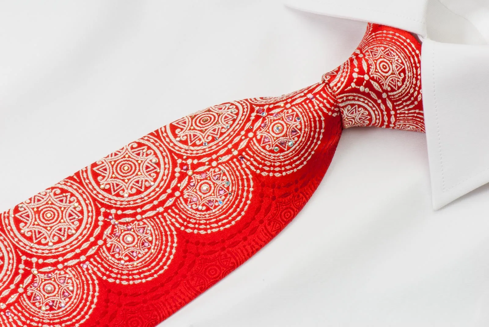 Renoma Men's Silk Neck Tie White Medallions On Red With Silver Sparkles