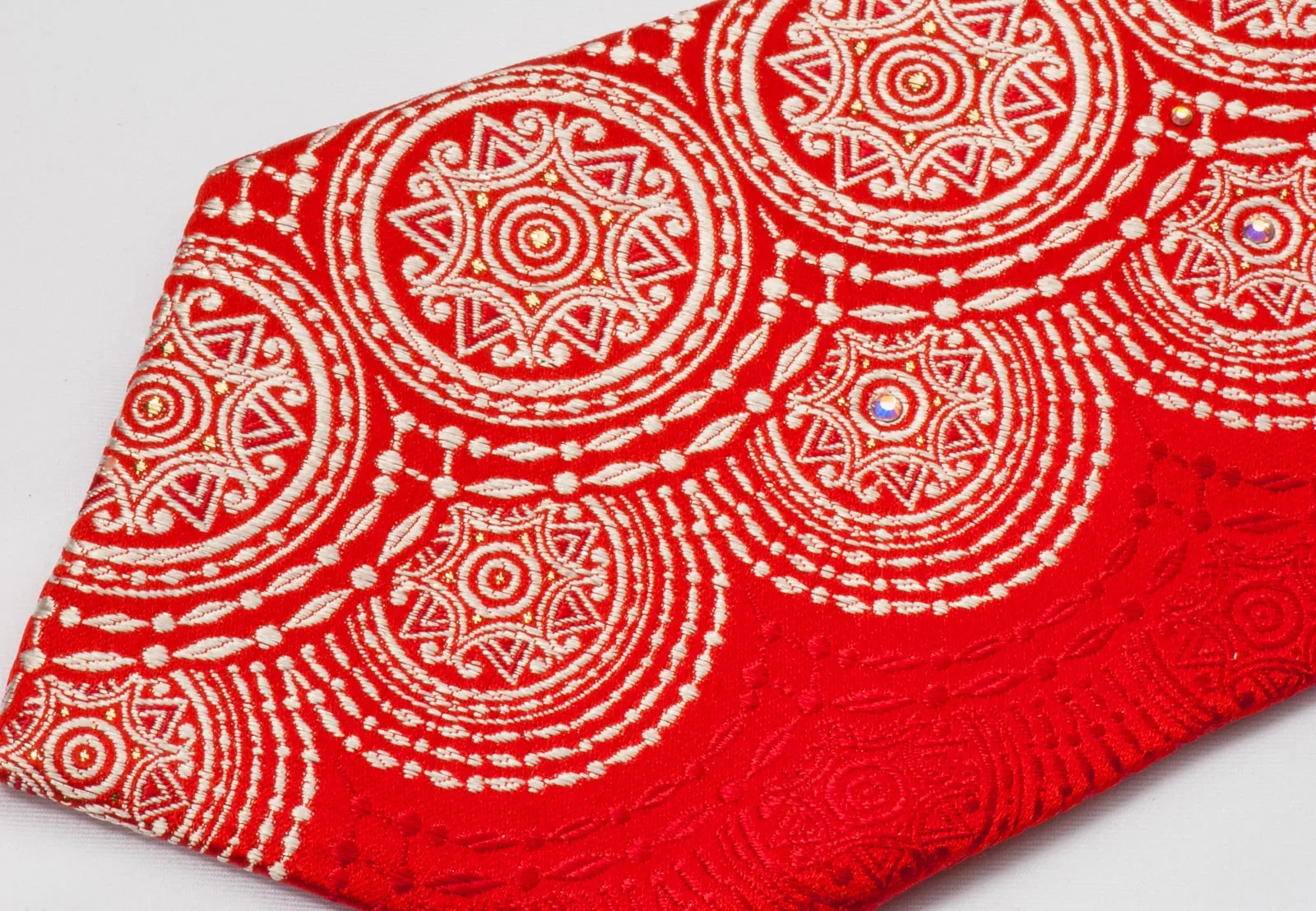 Renoma Men's Silk Neck Tie White Medallions On Red With Silver Sparkles