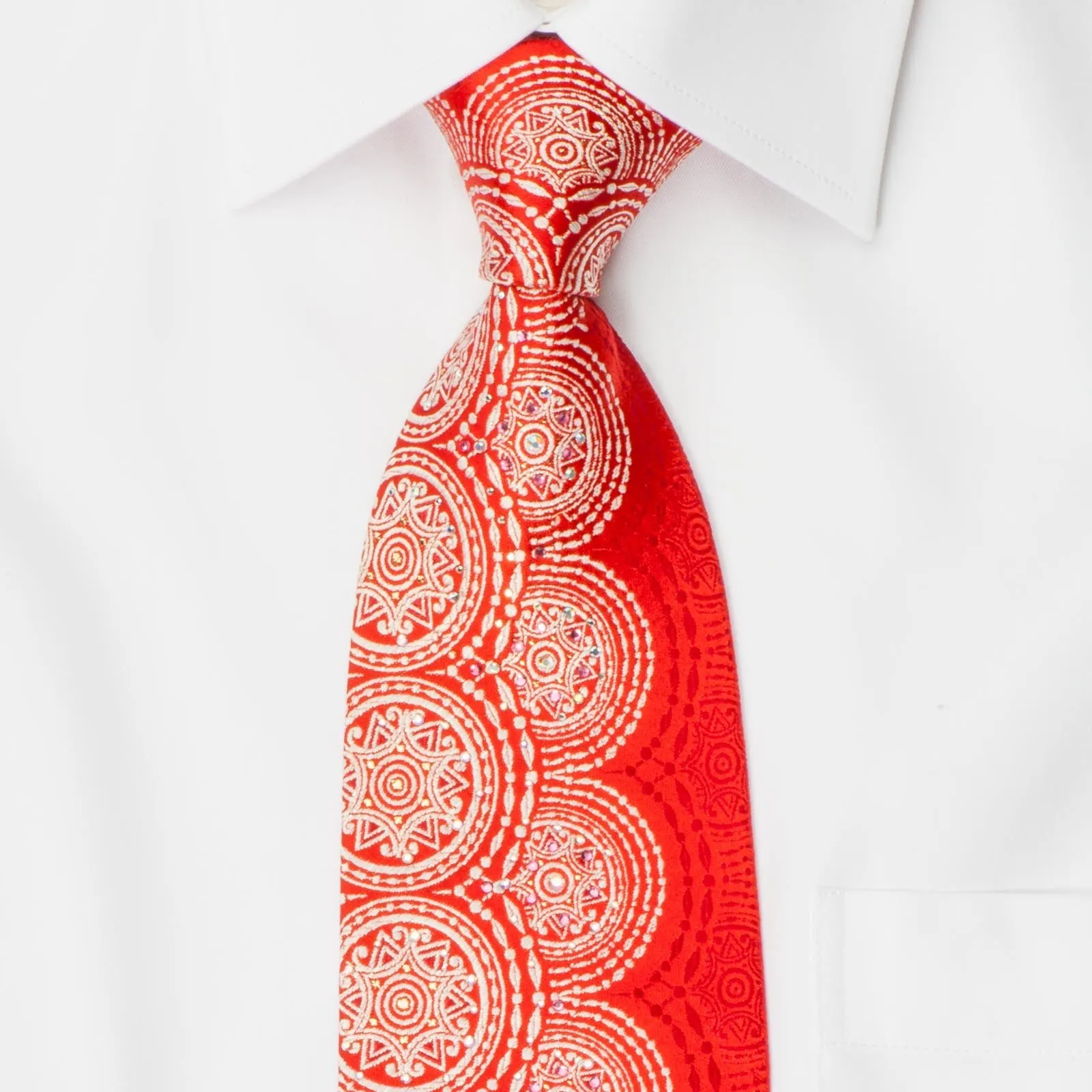 Renoma Men's Silk Neck Tie White Medallions On Red With Silver Sparkles