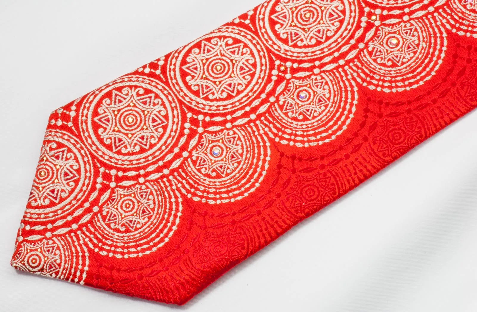 Renoma Men's Silk Neck Tie White Medallions On Red With Silver Sparkles
