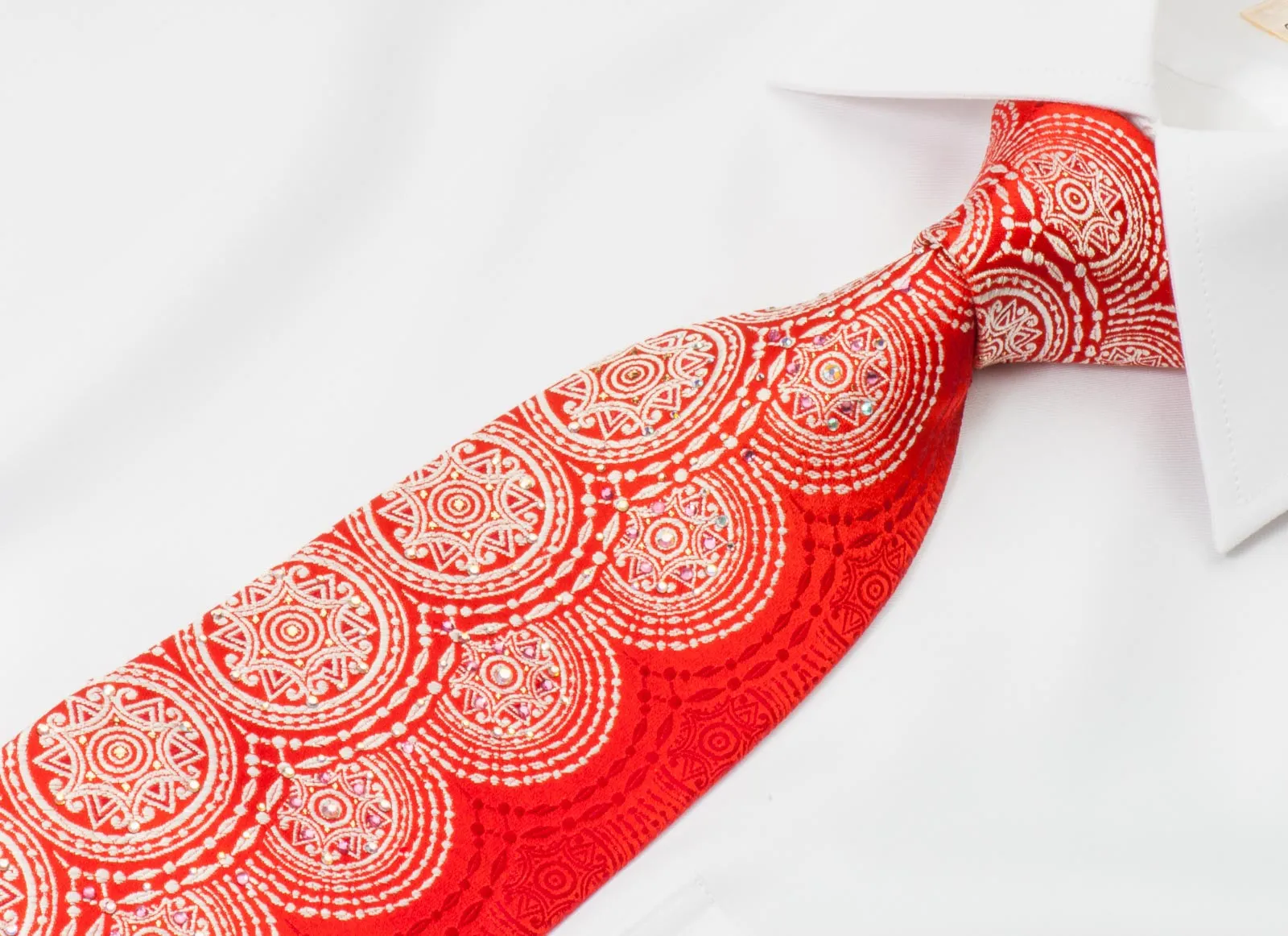 Renoma Men's Silk Neck Tie White Medallions On Red With Silver Sparkles