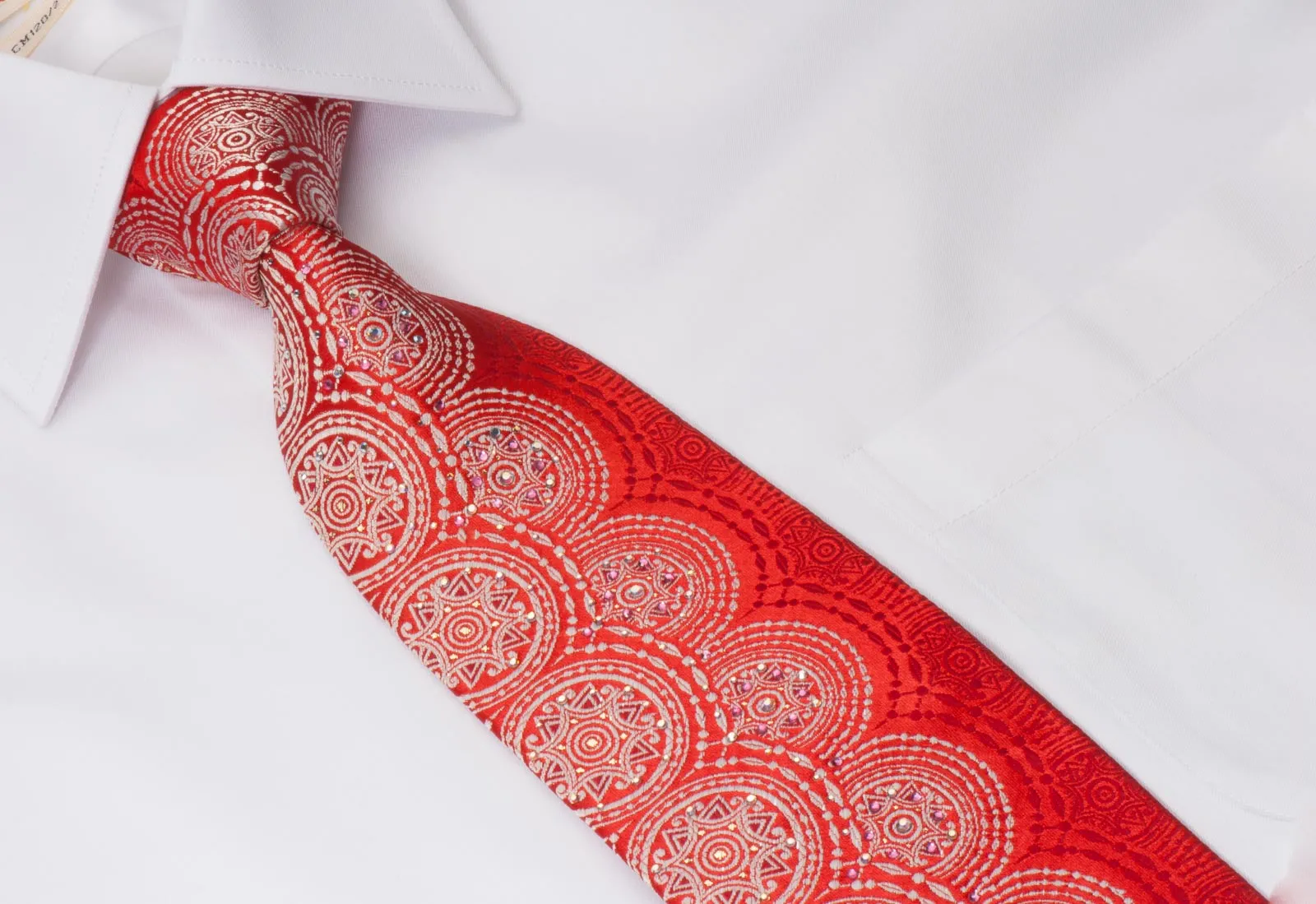 Renoma Men's Silk Neck Tie White Medallions On Red With Silver Sparkles