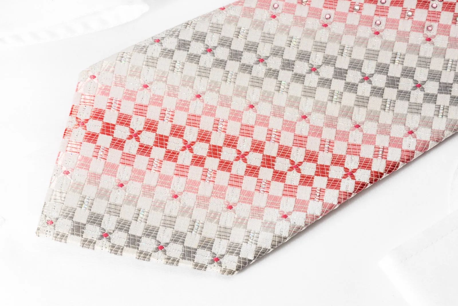 Renoma Rhinestone Silk Necktie Pink Silver Checkered On White With Silver Sparkles