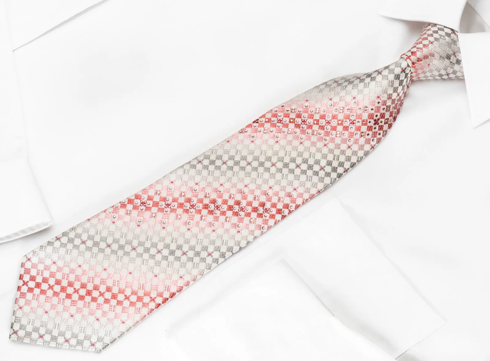 Renoma Rhinestone Silk Necktie Pink Silver Checkered On White With Silver Sparkles