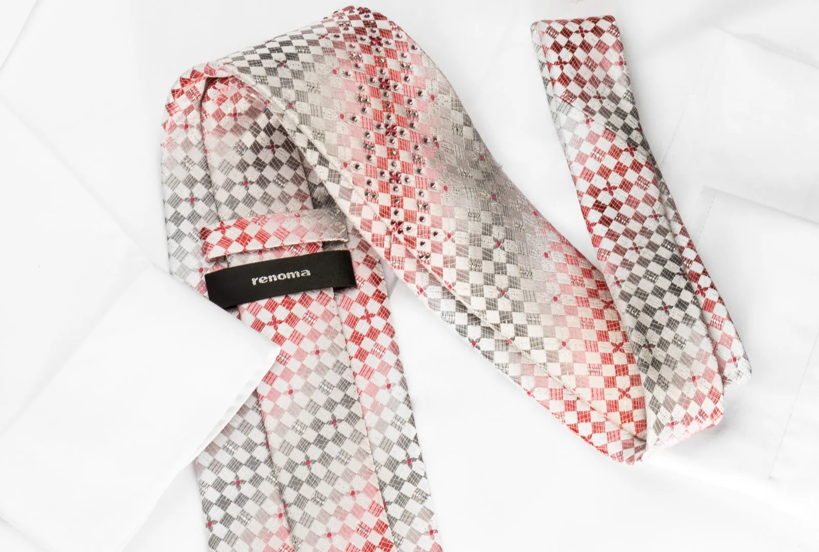 Renoma Rhinestone Silk Necktie Pink Silver Checkered On White With Silver Sparkles