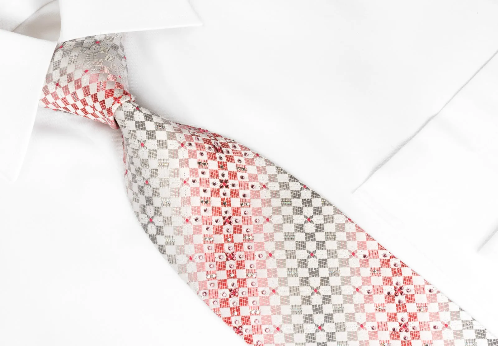 Renoma Rhinestone Silk Necktie Pink Silver Checkered On White With Silver Sparkles
