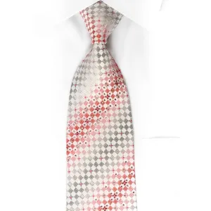 Renoma Rhinestone Silk Necktie Pink Silver Checkered On White With Silver Sparkles