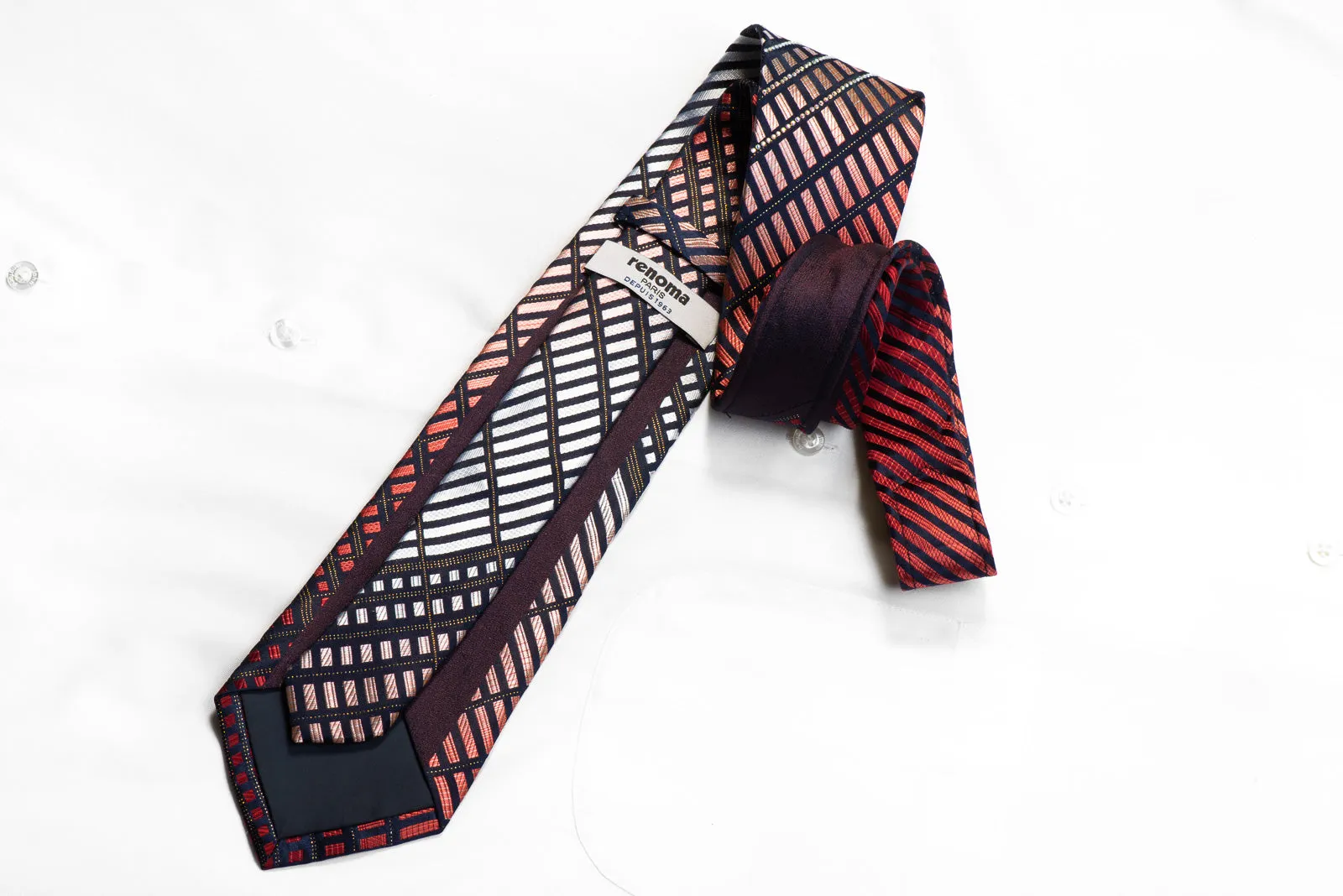Renoma Rhinestone Silk Necktie Silver Red Geometric Striped On Navy With Gold Sparkles