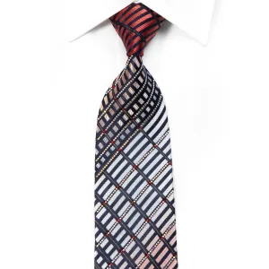 Renoma Rhinestone Silk Necktie Silver Red Geometric Striped On Navy With Gold Sparkles