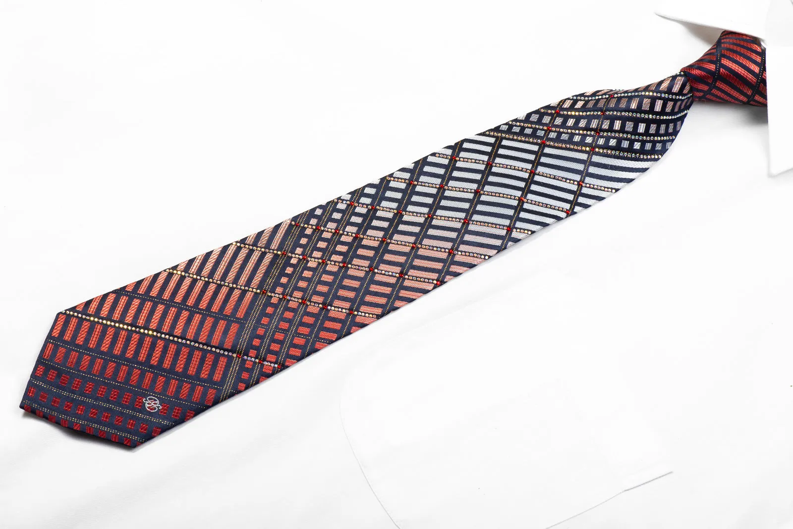 Renoma Rhinestone Silk Necktie Silver Red Geometric Striped On Navy With Gold Sparkles