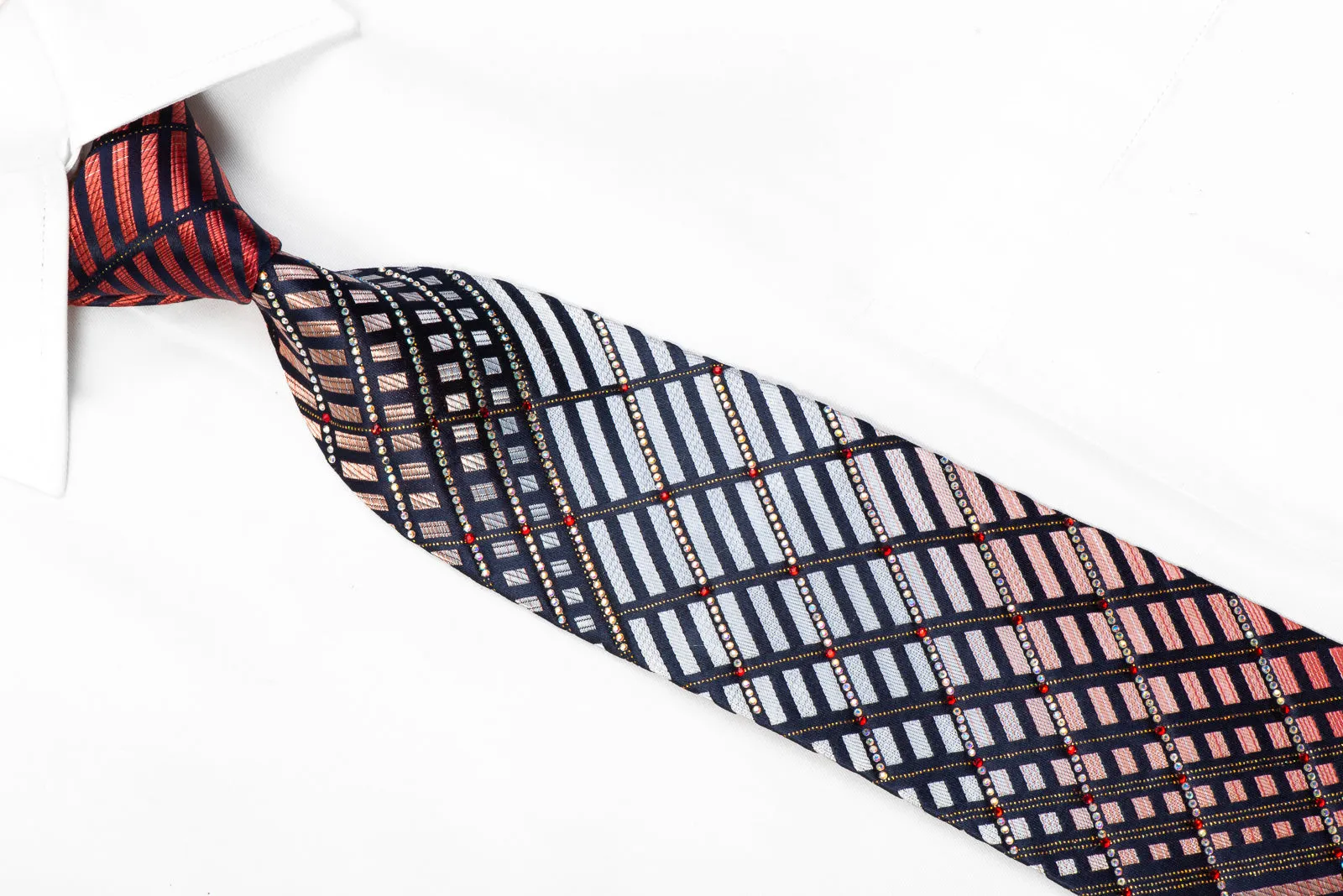 Renoma Rhinestone Silk Necktie Silver Red Geometric Striped On Navy With Gold Sparkles