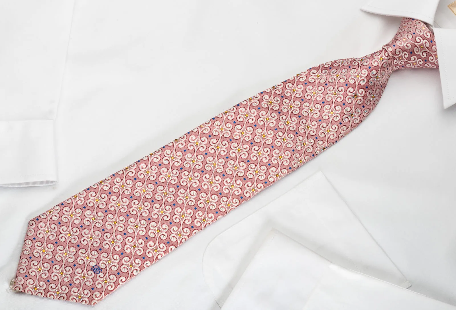 Renoma Silk Tie Scrolls On Pink With Yellow White Rhinestones
