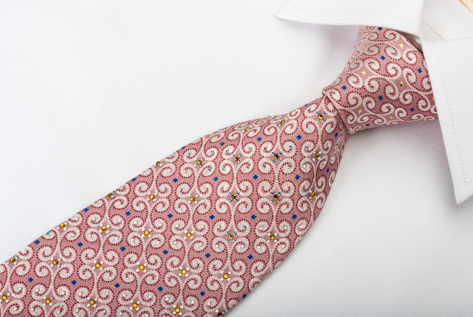 Renoma Silk Tie Scrolls On Pink With Yellow White Rhinestones
