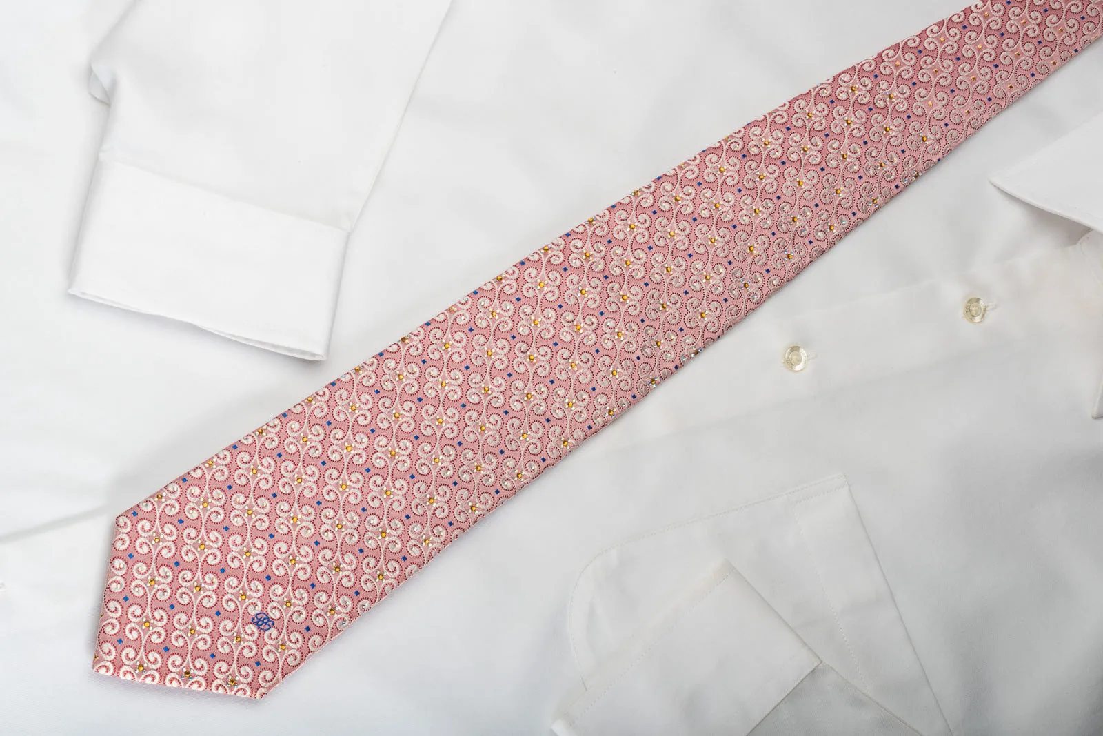 Renoma Silk Tie Scrolls On Pink With Yellow White Rhinestones