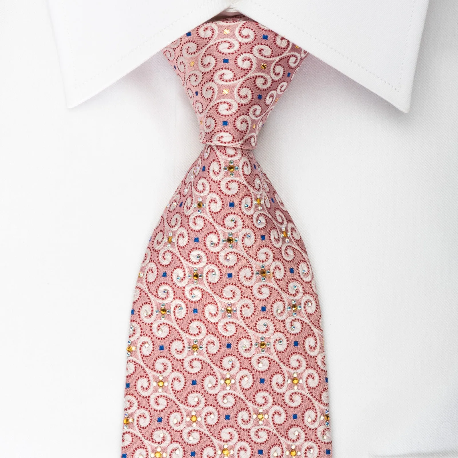 Renoma Silk Tie Scrolls On Pink With Yellow White Rhinestones