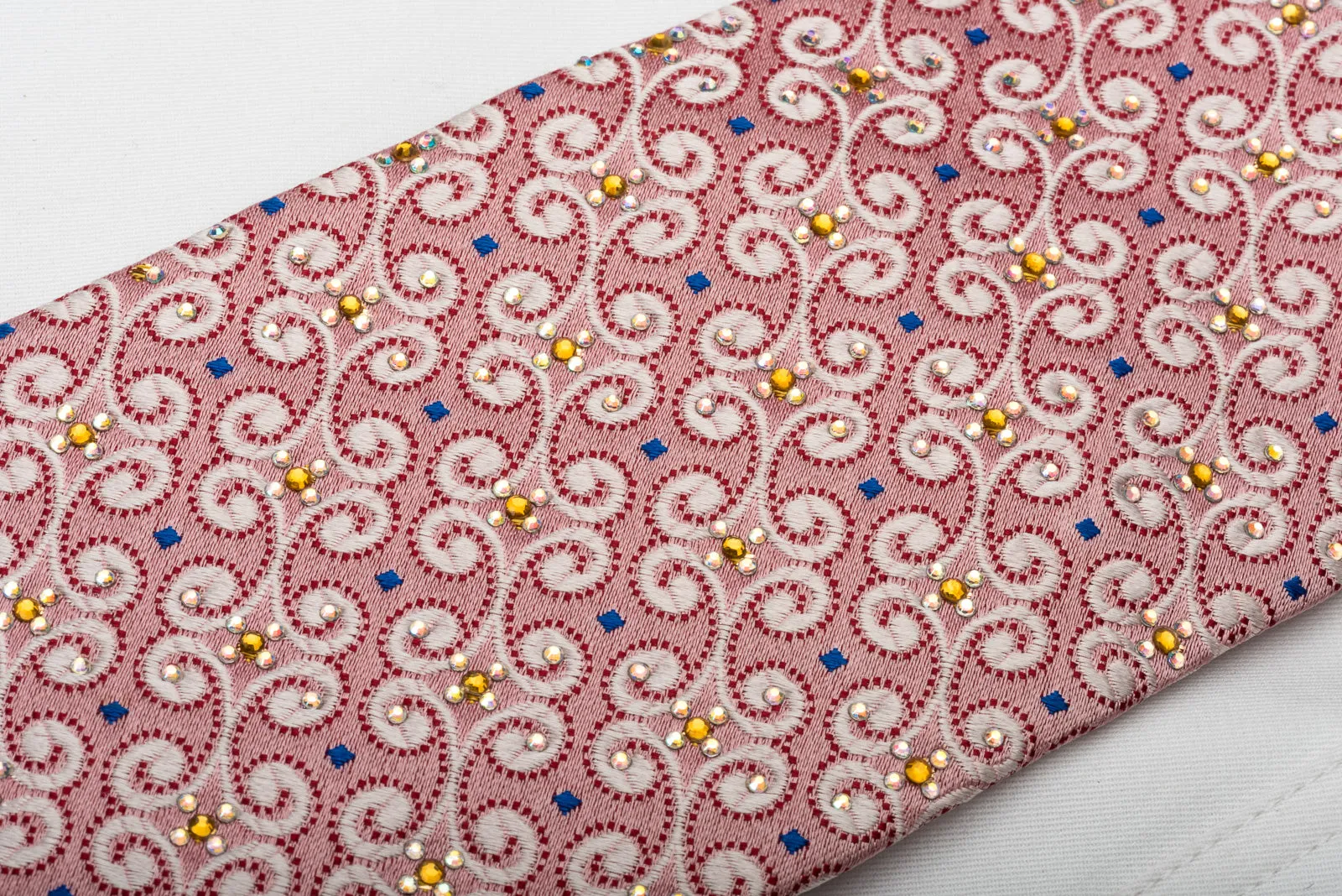 Renoma Silk Tie Scrolls On Pink With Yellow White Rhinestones