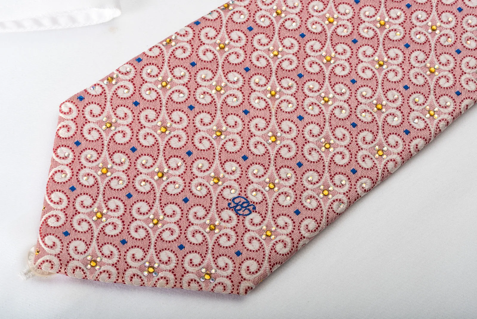 Renoma Silk Tie Scrolls On Pink With Yellow White Rhinestones