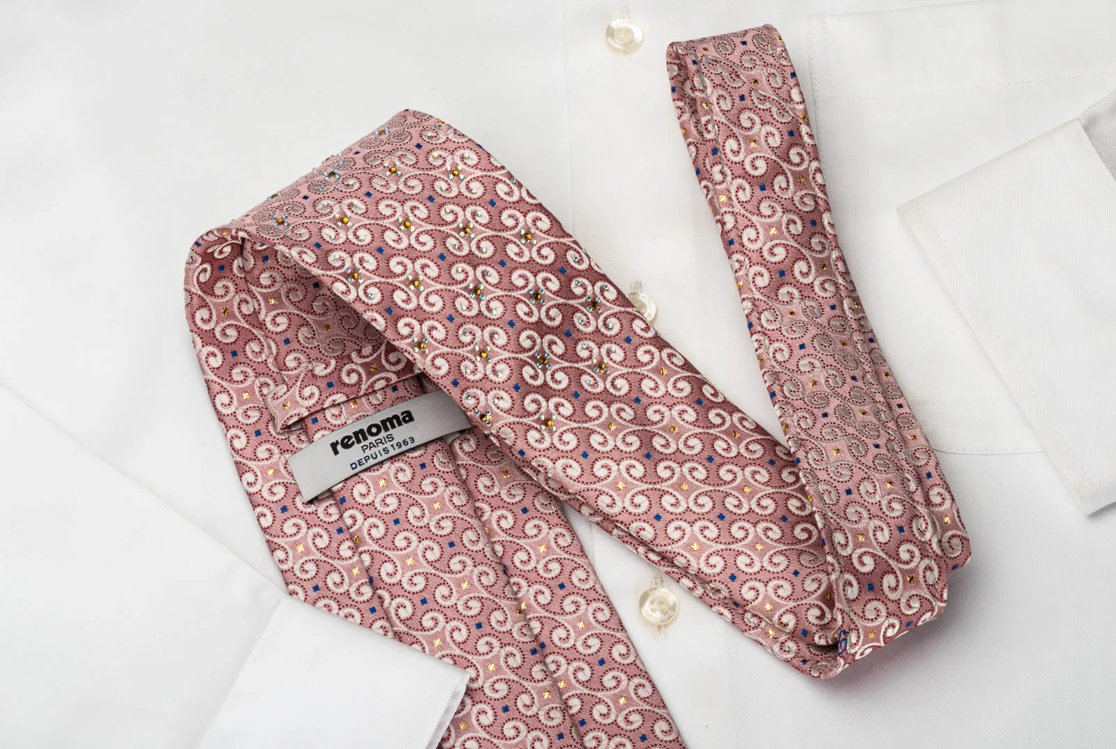 Renoma Silk Tie Scrolls On Pink With Yellow White Rhinestones