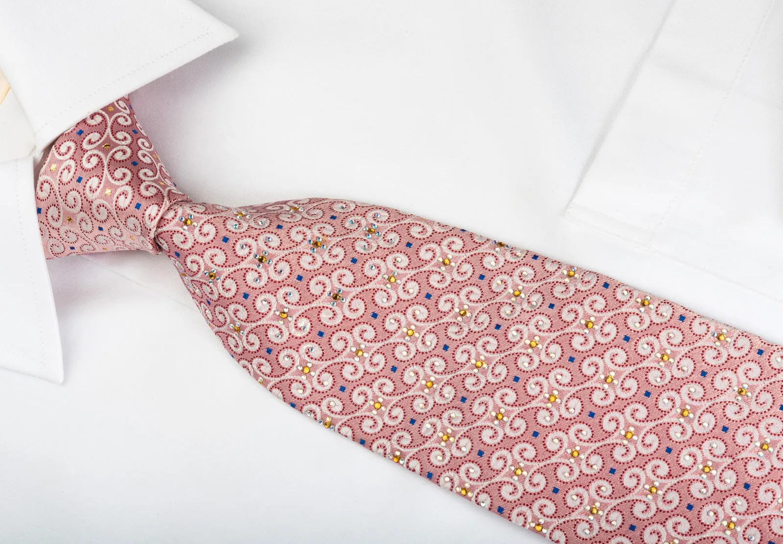 Renoma Silk Tie Scrolls On Pink With Yellow White Rhinestones
