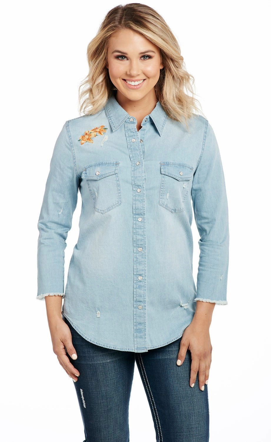 Cowgirl Up Womens Blue Cotton Blend Stonewash Raw Western Shirt S/S Layered Look Eco-friendly
