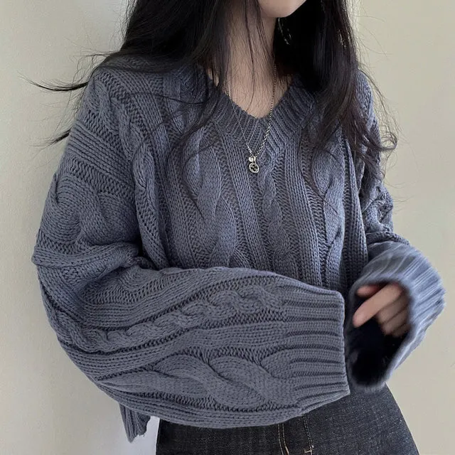 Retro Vintage Knitted Crop Tops for Women – Cute & Sweet V-Neck Sweaters, Casual Loose Fit Winter Pullovers in Blue
