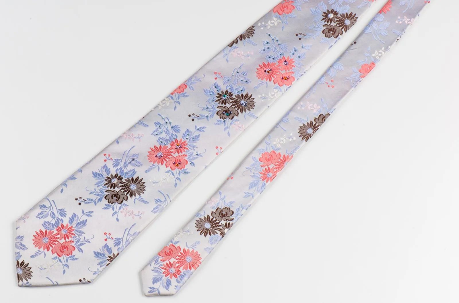 Rhinestone Silk Tie By Park Land Floral Design On Light Blue Classic 3 1/2 Inch
