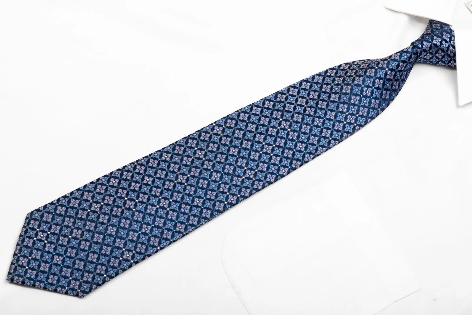 Rhinestone Silk Tie Pink Blue Foulard On Navy With Sparkles