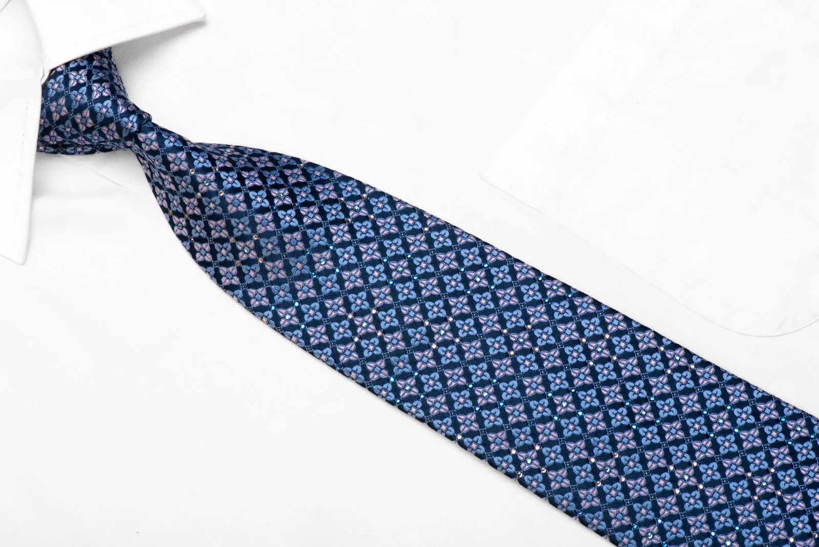 Rhinestone Silk Tie Pink Blue Foulard On Navy With Sparkles