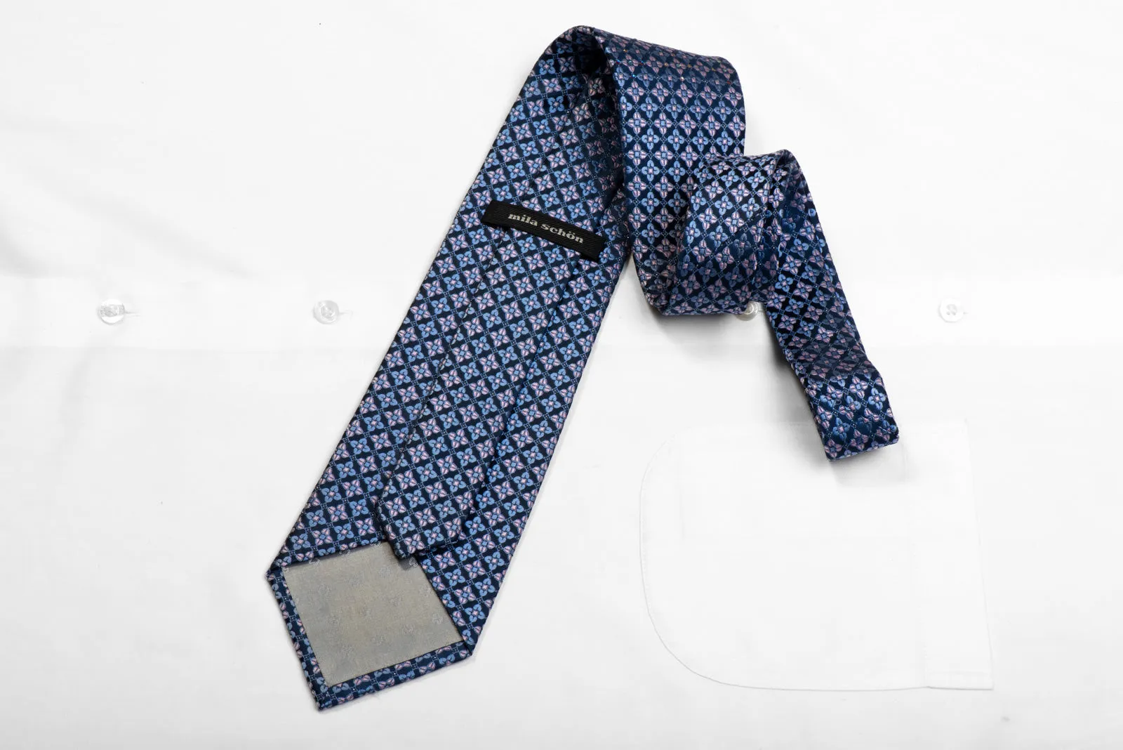 Rhinestone Silk Tie Pink Blue Foulard On Navy With Sparkles