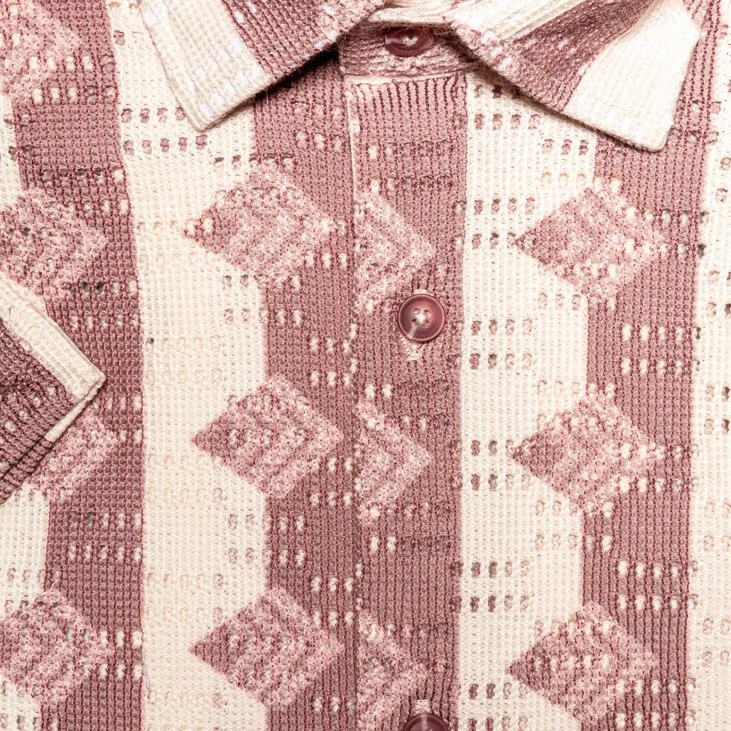 Rhombus   Stripe Crochet Short Sleeve Shirt - Clay
