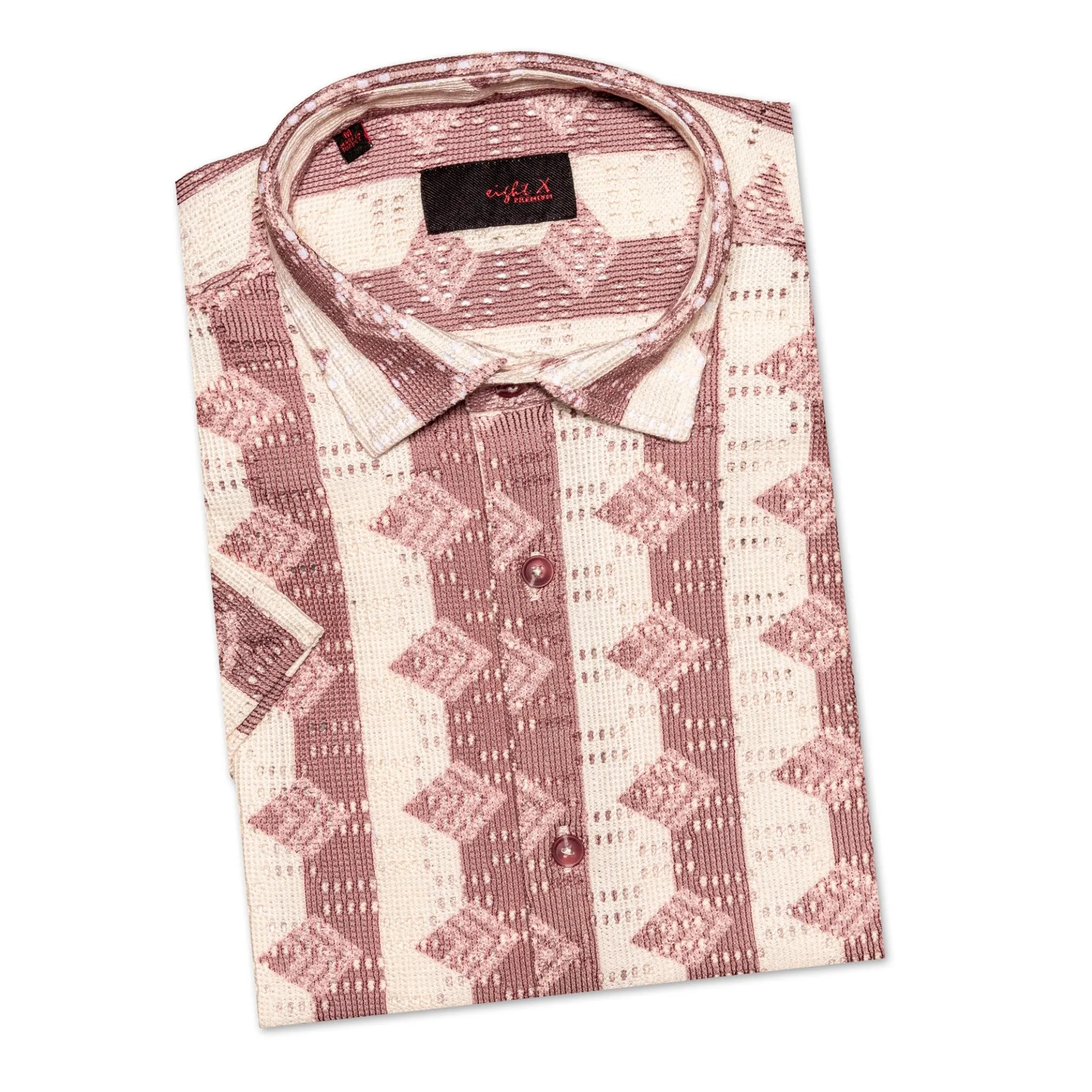 Rhombus   Stripe Crochet Short Sleeve Shirt - Clay