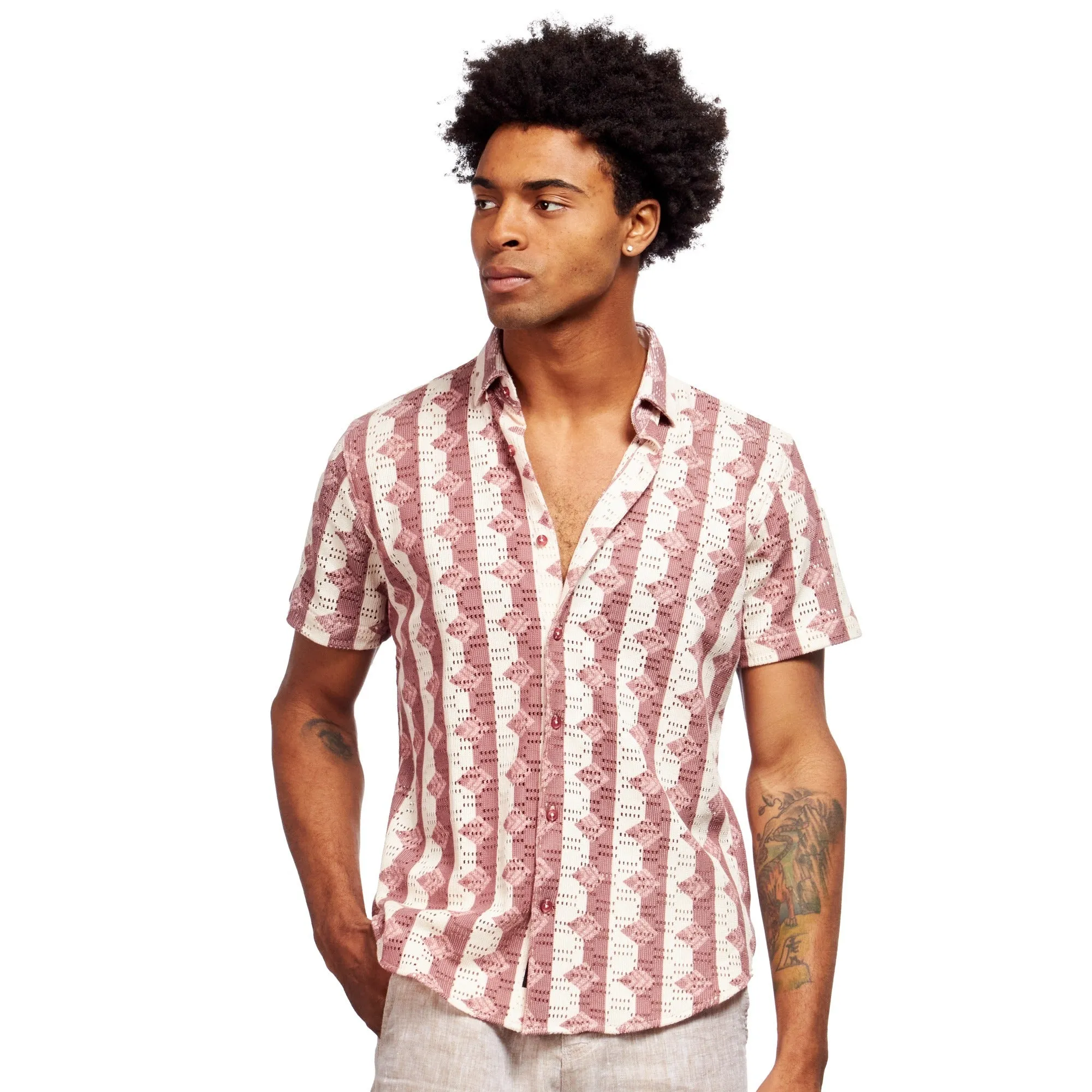 Rhombus   Stripe Crochet Short Sleeve Shirt - Clay