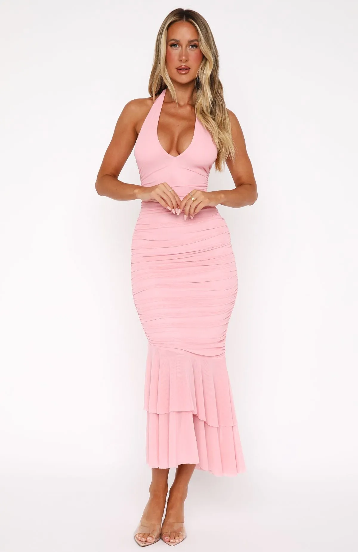 Non Restrictive Mobility sporty wear Electric Love Halter Midi Dress Baby Pink