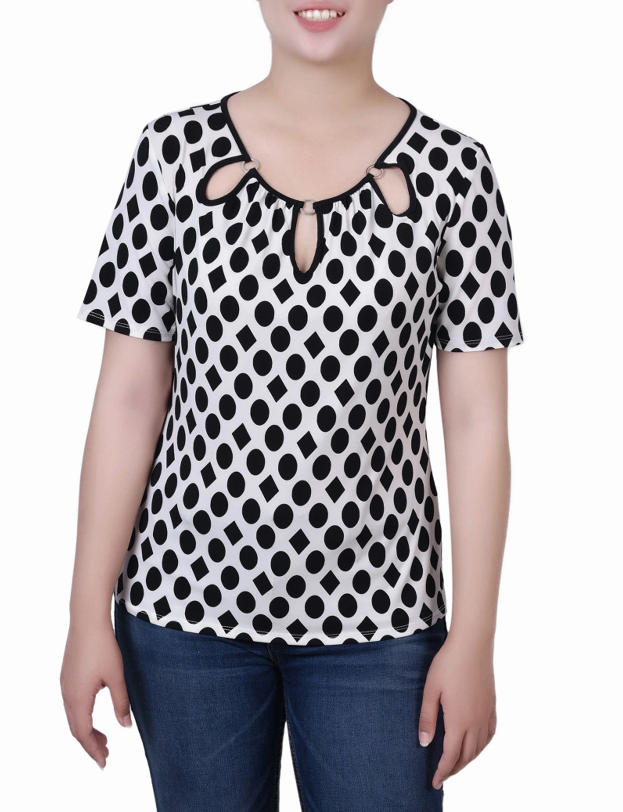 Petite Short Sleeve Top With Ring Details Pocket Reinforcement Compact Jacquard Weave