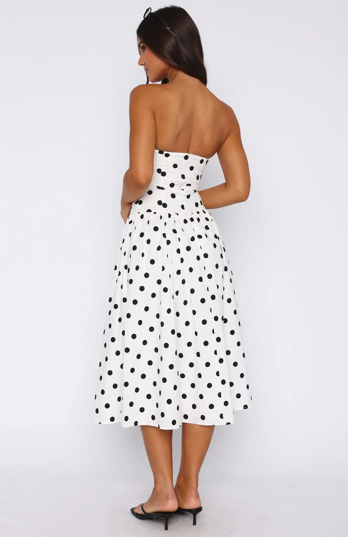 Rich In Love Strapless Midi Dress White/Black Polka Dot Formal Blouse