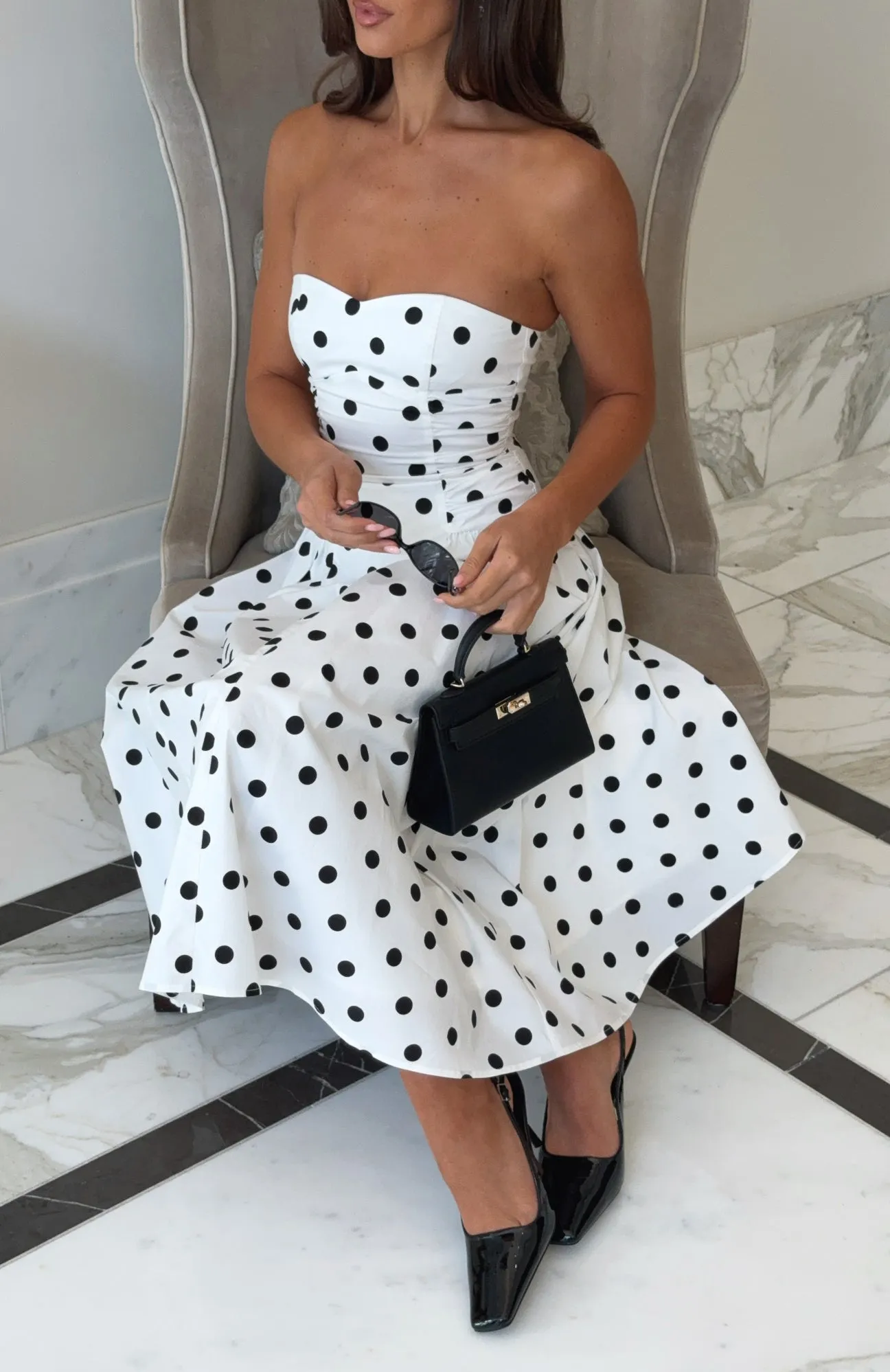 Rich In Love Strapless Midi Dress White/Black Polka Dot Ribbed Hemline MoistureWicking Fabric