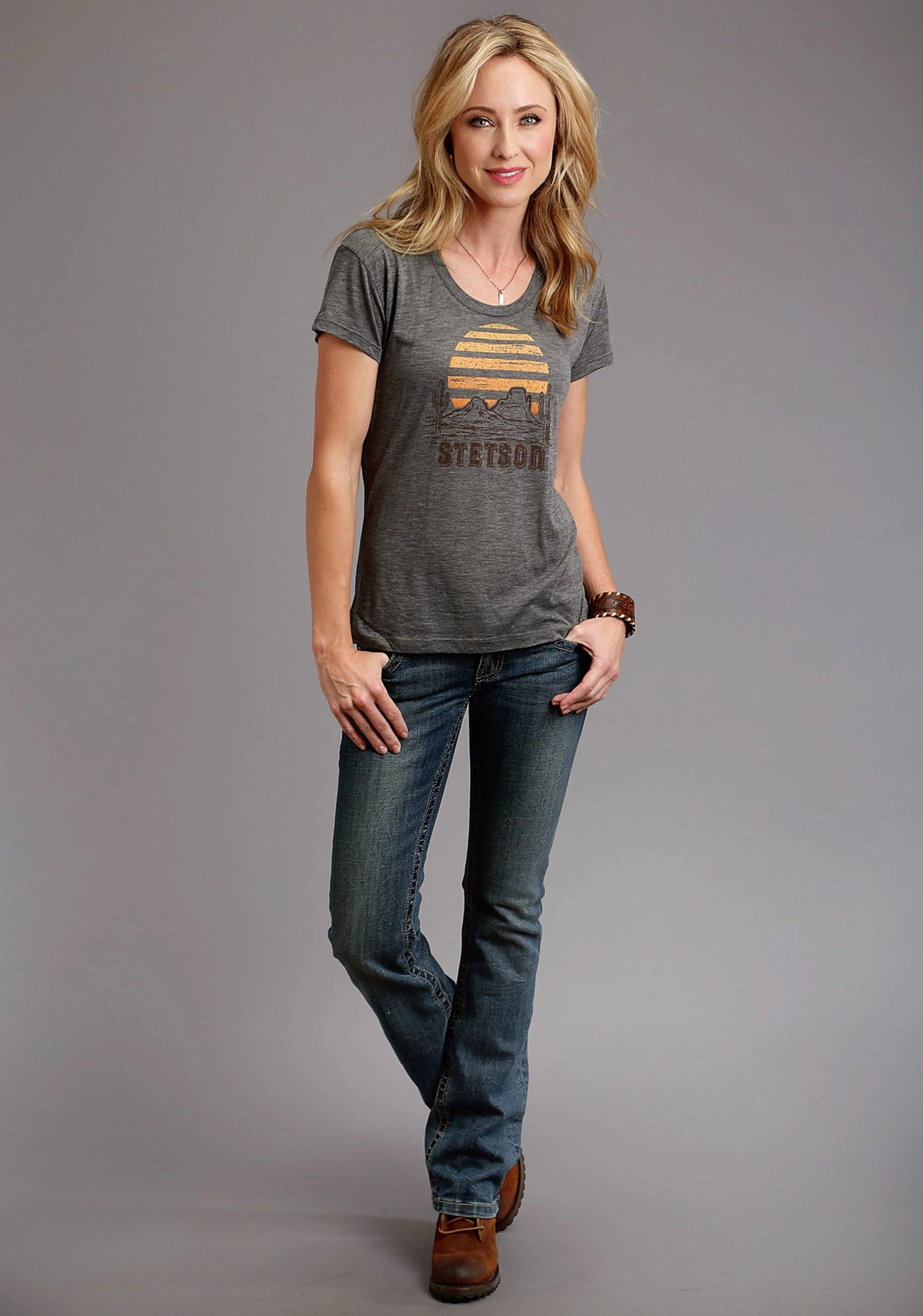 Edgy Fashion Relaxed Comfort Stetson Womens Grey Poly/Rayon Cactus/Sunset S/S T-Shirt