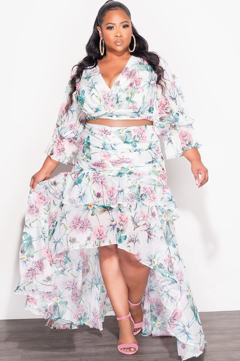 Final Sale Plus Size 2pc Chiffon Long Sleeve Crop Top and Highlow Ruffle Layered Skirt Set in Multi Color Floral Print Trendy Look