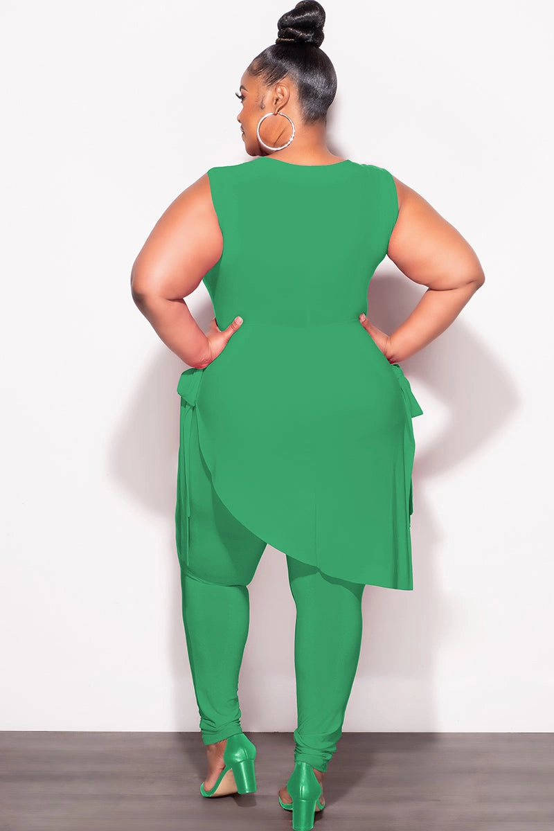 Four Way Stretch Minimal Comfort Final Sale Plus Size 2pc Sleeveless Top and Pants Set in Green
