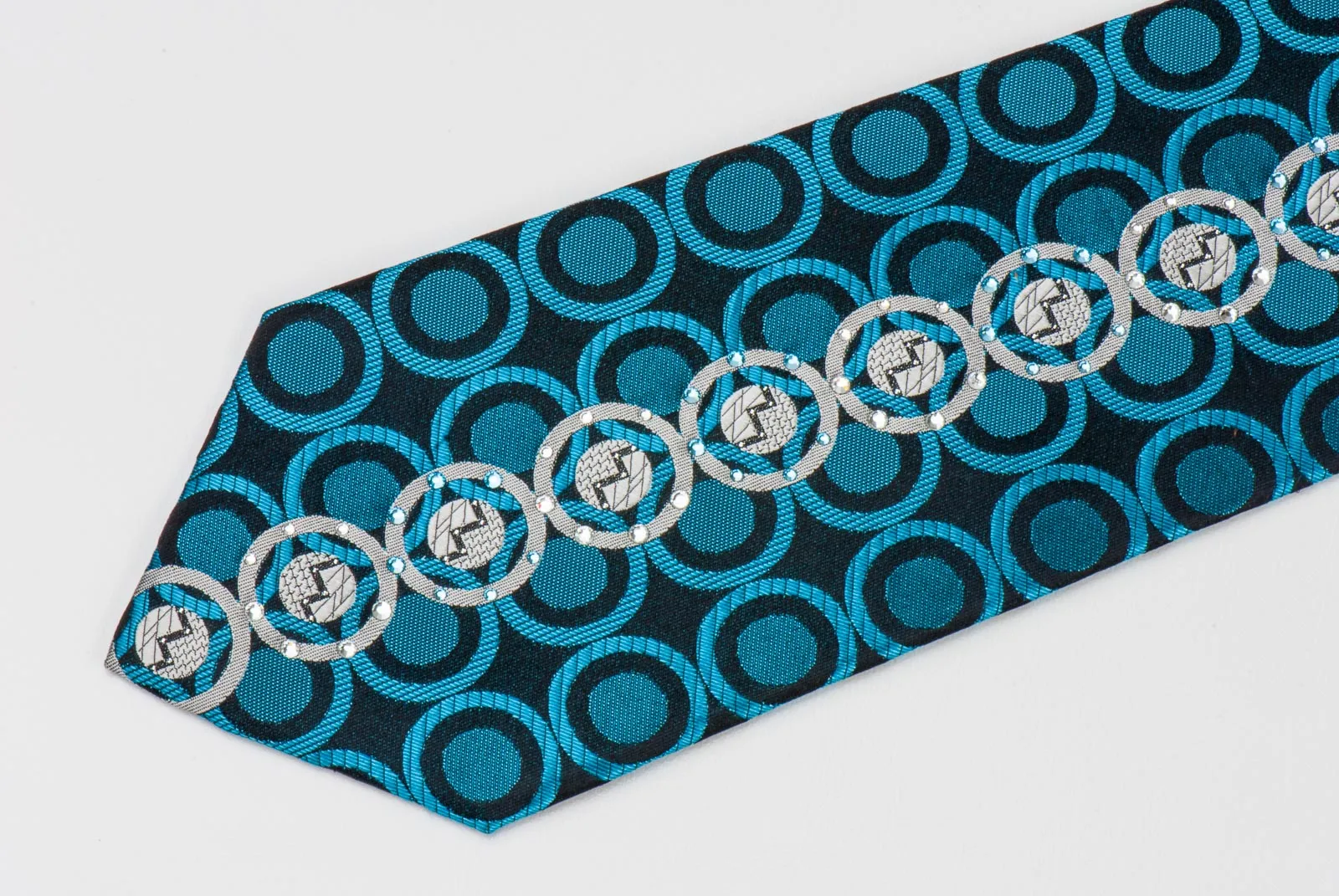 Roberta di Camerino Tie Silver Turquoise Circles On Navy Blue With Rhinestones