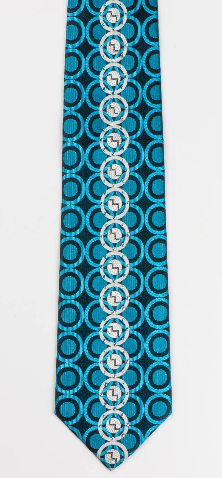 Roberta di Camerino Tie Silver Turquoise Circles On Navy Blue With Rhinestones