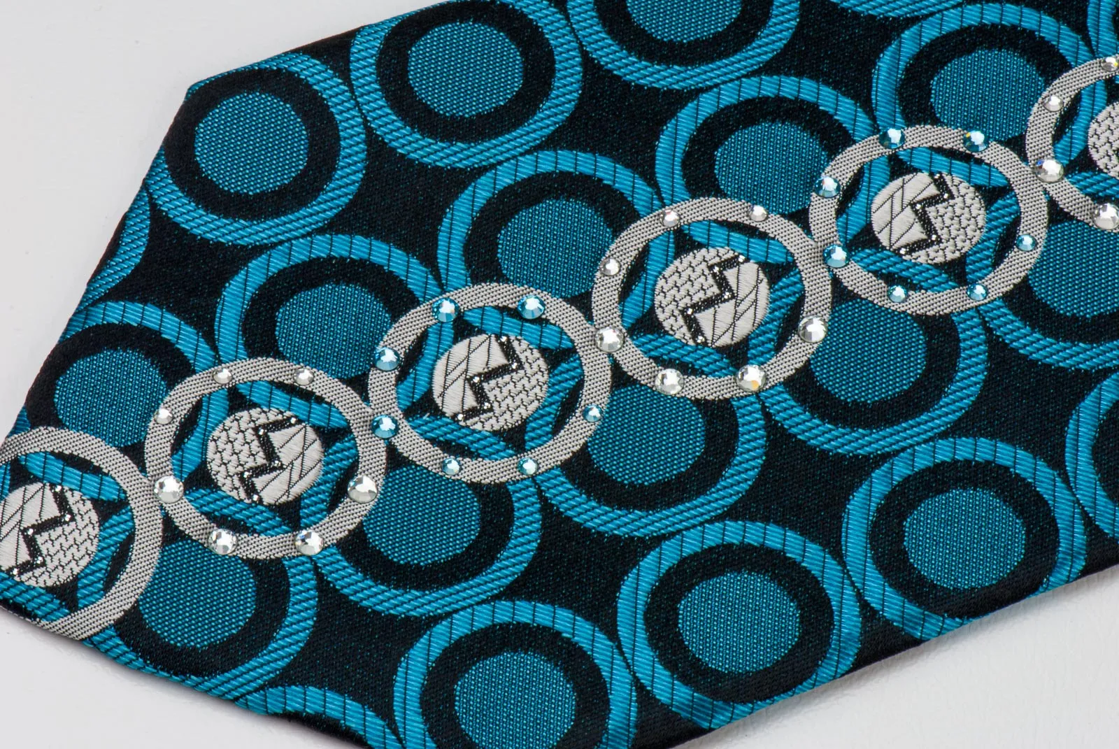 Roberta di Camerino Tie Silver Turquoise Circles On Navy Blue With Rhinestones